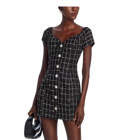 AQUA Tweed Crystal Button Mini Dress – NWT, Black/White, XS - Picture 1 of 5